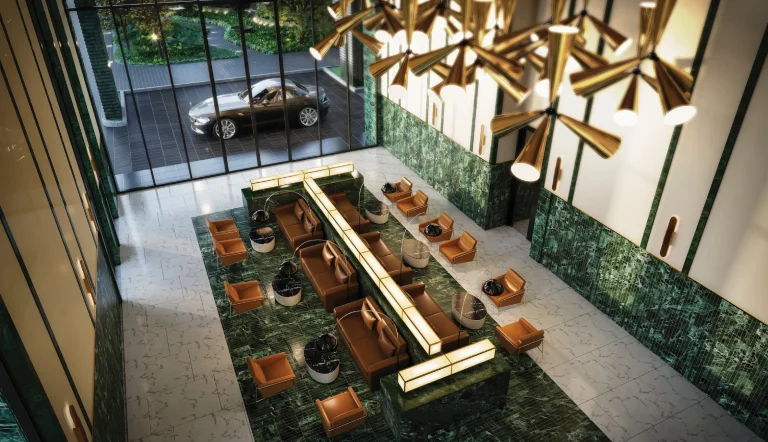 Noble Form Thonglor luxury condo high-ceiling Art Deco lobby with green marble and gold chandeliers on Sukhumvit 55 Bangkok