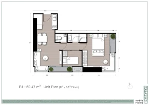 1-bedroom plus luxury condo floor plan unit type B1 at Noble Form Thonglor on Sukhumvit 55 Bangkok