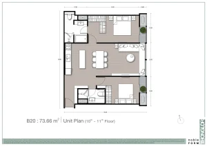 2-bedroom luxury condo floor plan unit type B20 at Noble Form Thonglor on Sukhumvit 55 Bangkok
