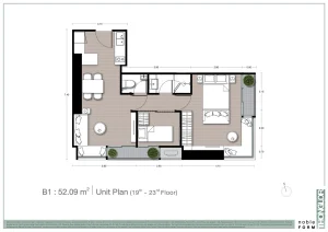 1-bedroom plus luxury condo floor plan unit type B1 at Noble Form Thonglor on Sukhumvit 55 Bangkok