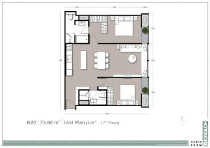 2-bedroom luxury condo floor plan unit type B20 at Noble Form Thonglor on Sukhumvit 55 Bangkok