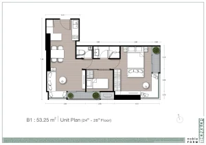 1-bedroom plus luxury condo floor plan unit type B1 at Noble Form Thonglor on Sukhumvit 55 Bangkok