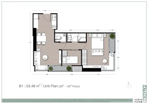 1-bedroom plus luxury condo floor plan unit type B1 at Noble Form Thonglor on Sukhumvit 55 Bangkok