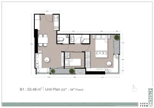 1-bedroom plus luxury condo floor plan unit type B1 at Noble Form Thonglor on Sukhumvit 55 Bangkok