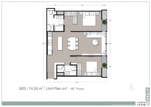 2-bedroom luxury condo floor plan unit type B20 at Noble Form Thonglor on Sukhumvit 55 Bangkok