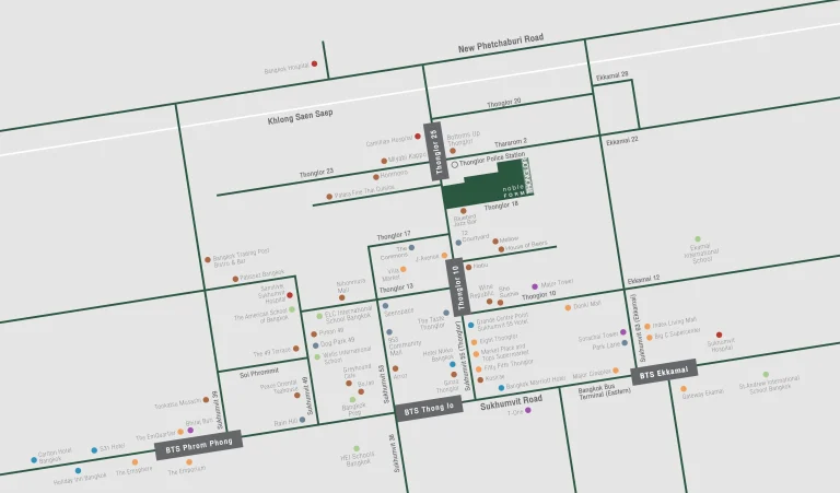Location map in English for Noble Form Thonglor luxury condo on Sukhumvit 55, showing surrounding lifestyle landmarks, BTS Thong Lo station, and Ekkamai area in Bangkok